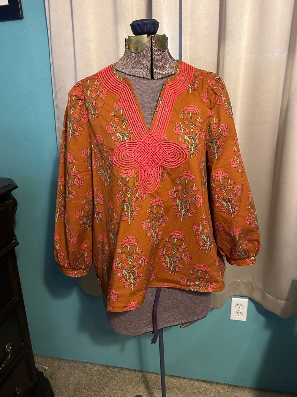 entro Rust Floral Embroidered Peasant Blouse with Pink Trim